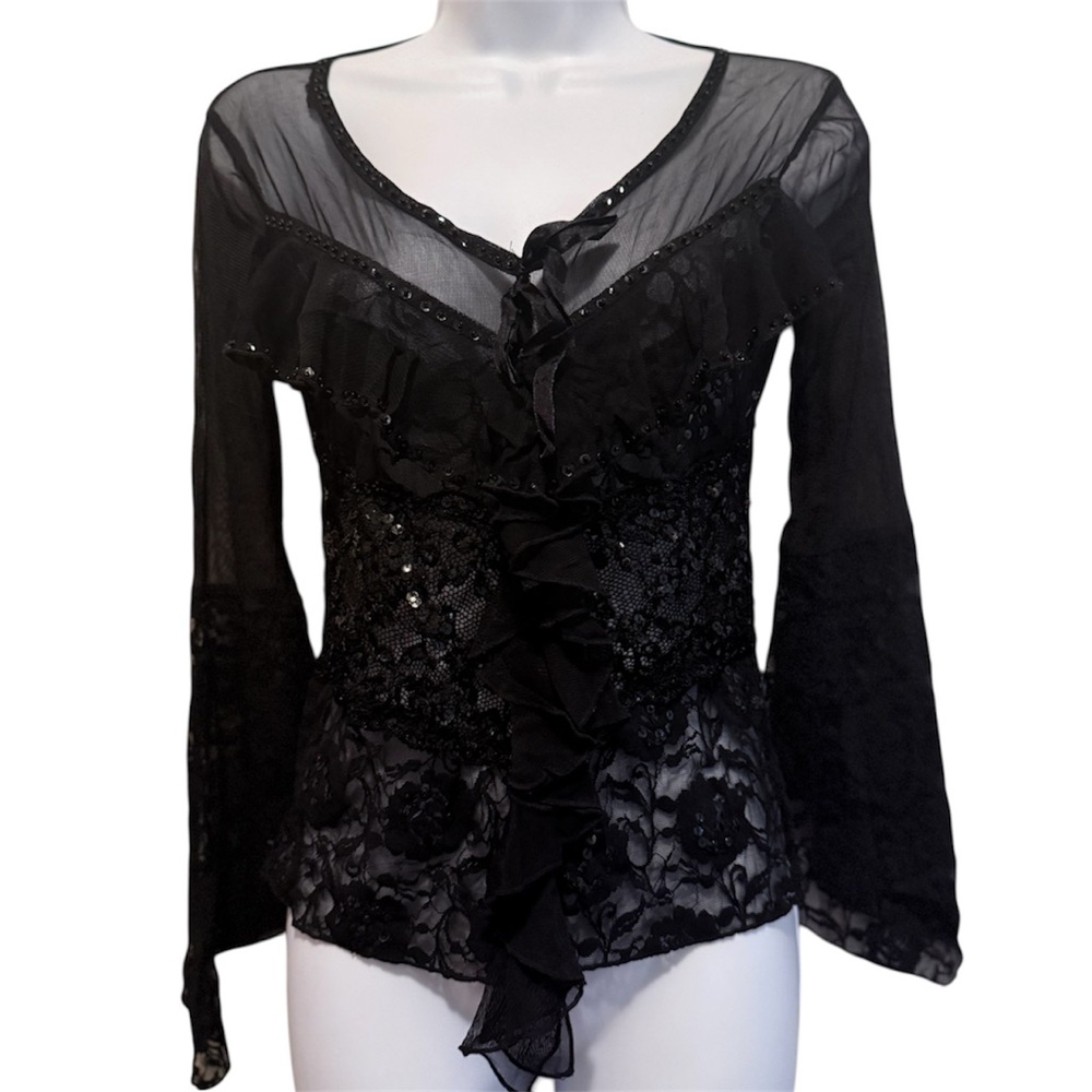 Y2K Vintage Goth Black Lace Ruffle Front Blouse with Sequins